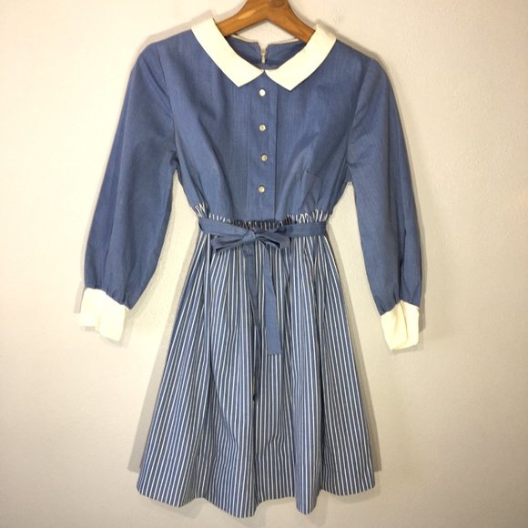 Vintage Dresses & Skirts - Vintage 50s 60s Blue Dress Peter Pan Collar, Empire Waist Short Pin Up Dress - S